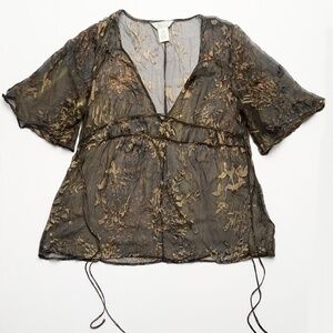 Slinky Sheer Floral Embroidered Boho Hippie Fairy Grunge Tie Flare Sleeve Top L